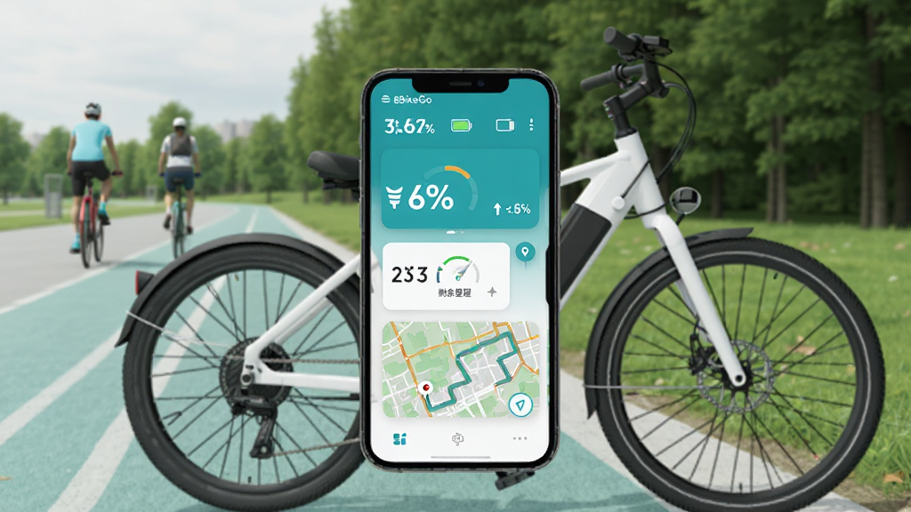 画面中央一部智能手机竖屏展示 eBikeGo 软件界面,界面中包含电量百分比、实时速度、剩余里程与地图轨迹卡片。背景是一辆停在城市绿道旁的白色电助力自行车,远处有骑行者和树林。整体采用扁平化科技风格,主色为青蓝与白色,细节清晰,排版整洁,画质锐利,干净,无多余元素。