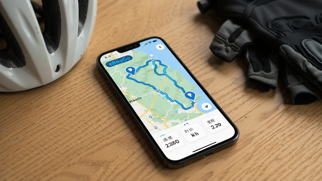 手机屏幕中展示 eBikeGo 的骑行轨迹页面,地图上有蓝色路线轨迹和起终点标记,下方排列速度、时长、里程三组数据卡片。手机放在木质桌面上,旁边有自行车头盔和手套。风格为写实产品摄影,光线柔和,细节丰富,画质清晰,干净,无多余元素。