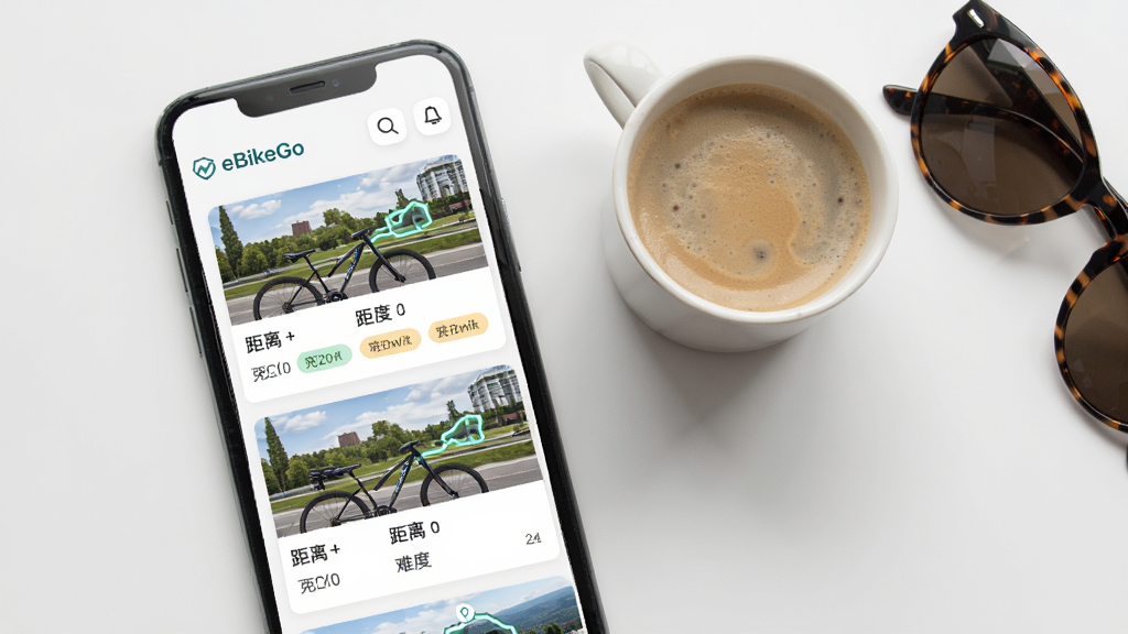 eBikeGo 软件社区页面截图,屏幕中显示多条骑行路线卡片,卡片上有路线缩略图、距离和难度标签,背景为浅色界面。手机旁边放着一杯咖啡和一副墨镜,整体风格清新简约,排版整齐,画质干净,无多余元素。