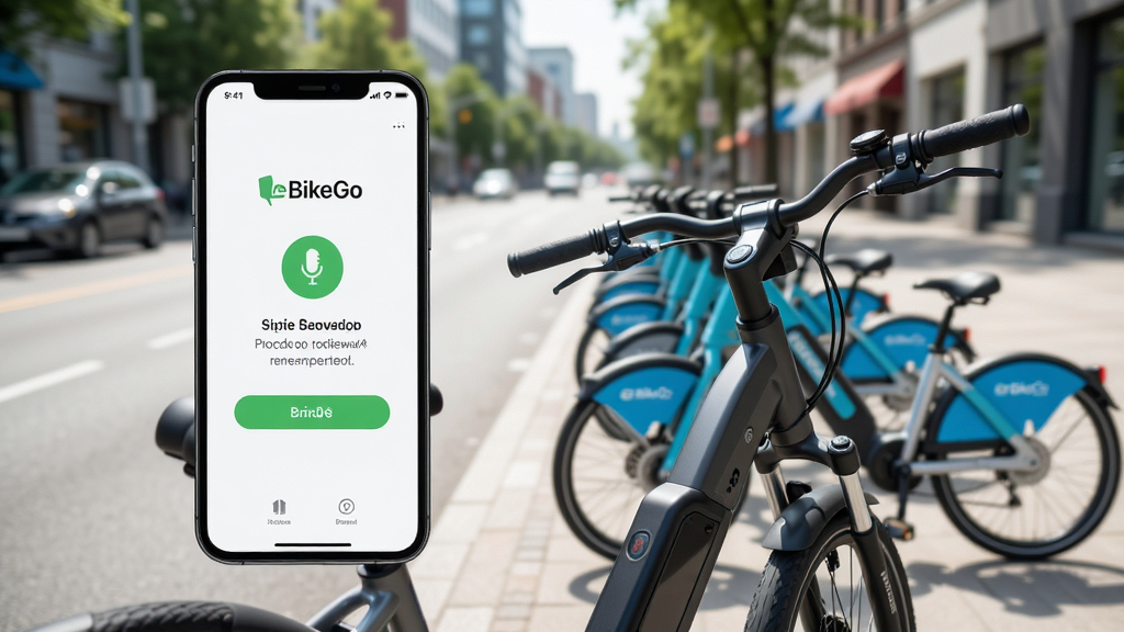 eBikeGo 手机界面与电助力自行车同框展示,手机屏幕显示绑定成功提示,背景为城市街道和停放整齐的共享单车。画面风格明亮写实,构图左右平衡,细节清晰,画质干净,无多余元素。