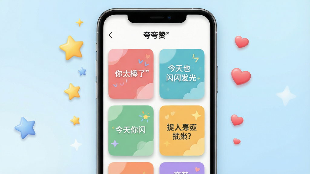 一个打开“夸夸赞”应用模板库的界面特写,画面中整齐排列着各种彩色卡片,每张卡片上写有不同风格的夸赞短句,如“你太棒了”“今天也闪闪发光”。手机屏幕外有漂浮的星星和爱心元素。布局居中,风格清新简约,细节上卡片有轻微投影,背景为浅蓝色渐变。画质干净,无多余元素。