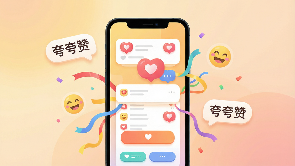 一张展示“夸夸赞”手机应用主界面的场景图,画面中央是一部智能手机,屏幕显示色彩明快、布局活泼的夸赞动态流,有爱心点赞气泡和彩带装饰。周围漂浮着“夸夸赞”文字标签和笑脸图标。背景为柔和的渐变暖色调。风格为现代扁平插画风,细节包括圆润的按钮和卡片式设计。画质高清,干净整洁,无多余元素。
