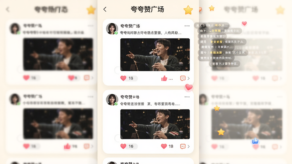 展示“夸夸赞”社区动态广场的界面,画面中纵向排列多条用户动态卡片,每张卡片配有头像、文字和图片,下方有爱心点赞按钮和评论气泡。屏幕上方有“夸夸赞广场”标题。背景为暖白色,风格为现代UI设计,细节上有点赞动画和弹幕飘过。画质清晰,干净整洁。