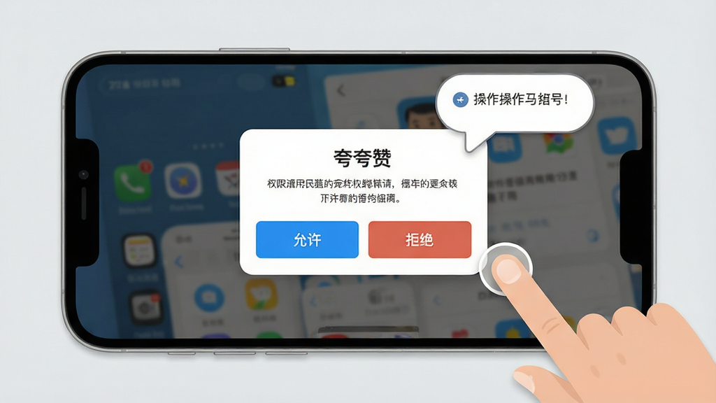 一张展示“夸夸赞”应用在新手引导阶段的手机界面图,屏幕显示权限请求弹窗和操作提示气泡,旁边有手指点击的示意。背景为浅灰色,风格为扁平化UI设计,细节上弹窗按钮清晰,有“允许”和“拒绝”选项。画质高清,干净无多余元素。
