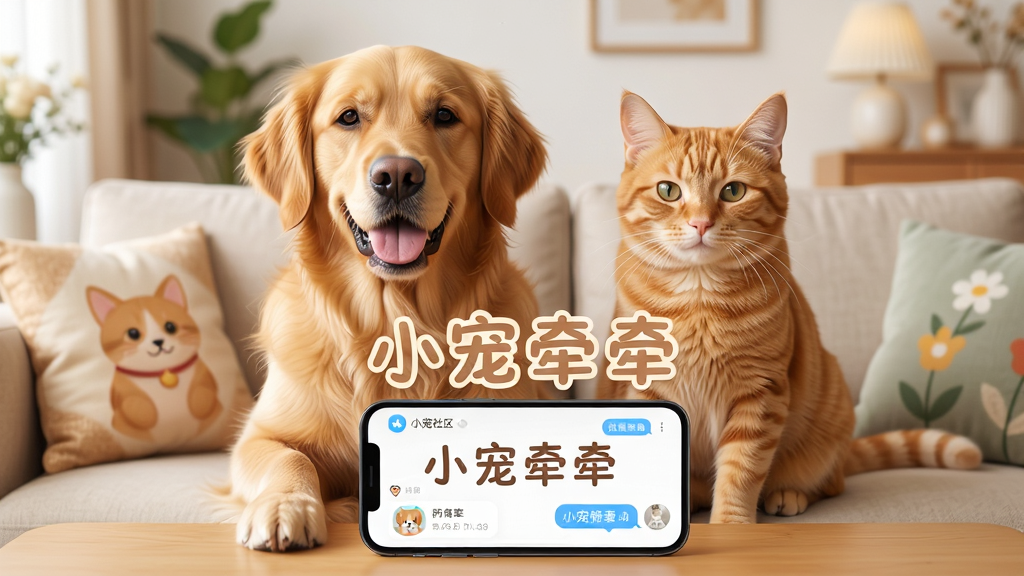 一只可爱的金毛犬和一只橘猫并排坐在明亮的客厅沙发上,面前放着一部显示小宠牵牵应用界面的智能手机,画面中央用圆润可爱的中文字体写着“小宠牵牵”,背景是温馨的家居环境,主体突出宠物与应用界面,布局居中对称,排版干净清爽,风格温馨治愈系,细节包括宠物毛发质感、手机屏幕上的宠物社区动态卡片和聊天气泡,画质高清,干净,无多余元素
