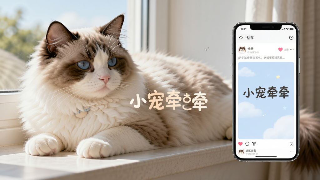 一只布偶猫趴在窗台上晒太阳,旁边的手机屏幕显示小宠牵牵的动态发布页面,画面中央用可爱的字体写着“小宠牵牵”,主体为猫咪和手机,布局左猫右手机,排版均衡,风格清新明亮,细节包括猫毛的柔软质感、手机界面上的点赞和评论图标,画质高清,干净,无多余元素