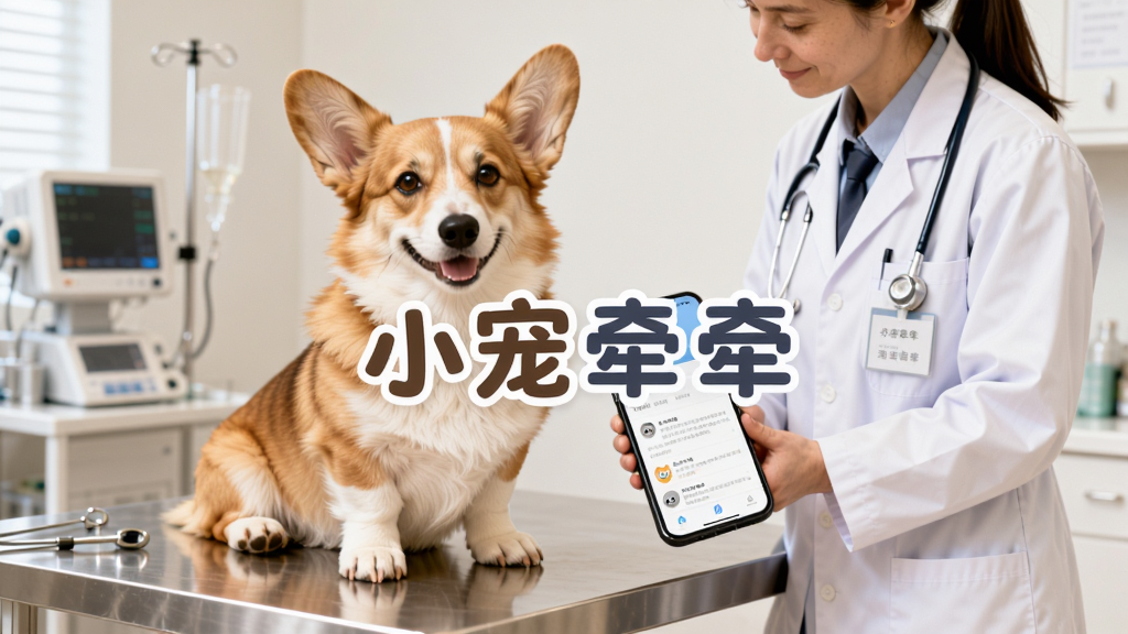 一只柯基犬坐在宠物医院检查台上,旁边站着穿着白大褂的兽医,手机屏幕显示小宠牵牵的知识库页面,画面中央用圆润字体写着“小宠牵牵”,主体为柯基和兽医,布局居中,排版简洁,风格专业温馨,细节包括医疗器具和手机上的文章列表,画质高清,干净,无多余元素