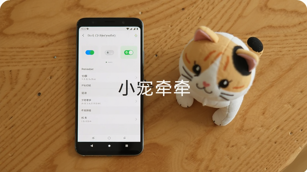 一部安卓手机放在木质桌面上,屏幕显示小宠牵牵的权限设置页面,旁边放着一只宠物猫的玩偶,画面中央用简洁字体写着“小宠牵牵”,主体为手机和玩偶,布局居中,排版干净,风格简约实用,细节包括手机屏幕上的权限开关图标和设置选项,画质高清,干净,无多余元素