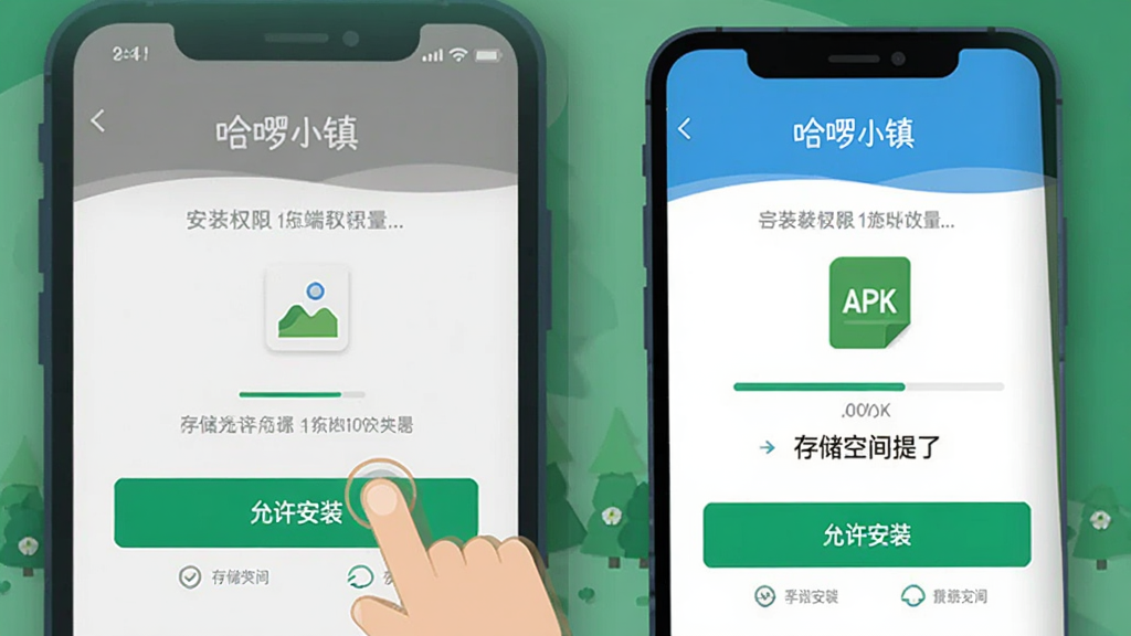 哈小镇:合并故事手机端安装教程示意图,画面展示手机屏幕上的安装权限设置界面,有“允许安装”按钮和存储空间提示,布局为竖屏手机界面,风格为扁平化教程插画,细节包括手指点击图标、进度条、APK文件图标,画质清晰,干净无多余元素