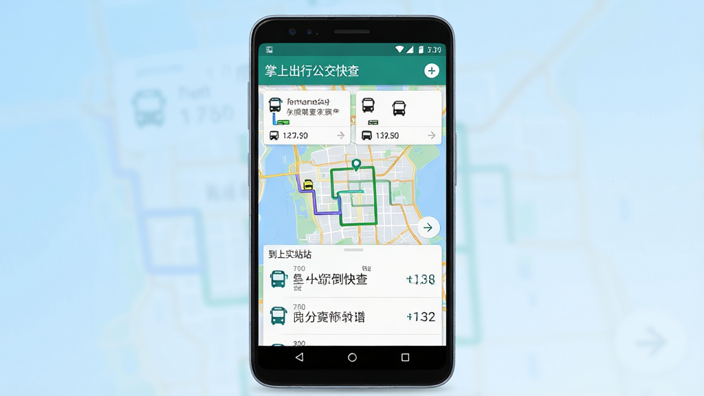 一张展示掌上出行公交快查软件界面的手机样机图,主体为一部竖屏安卓手机,屏幕内显示公交实时地图与到站倒计时列表,布局居中,背景为浅蓝色渐变,风格简洁现代,细节包含路线卡片、车辆图标、时间数字,画质清晰,干净,无多余元素。