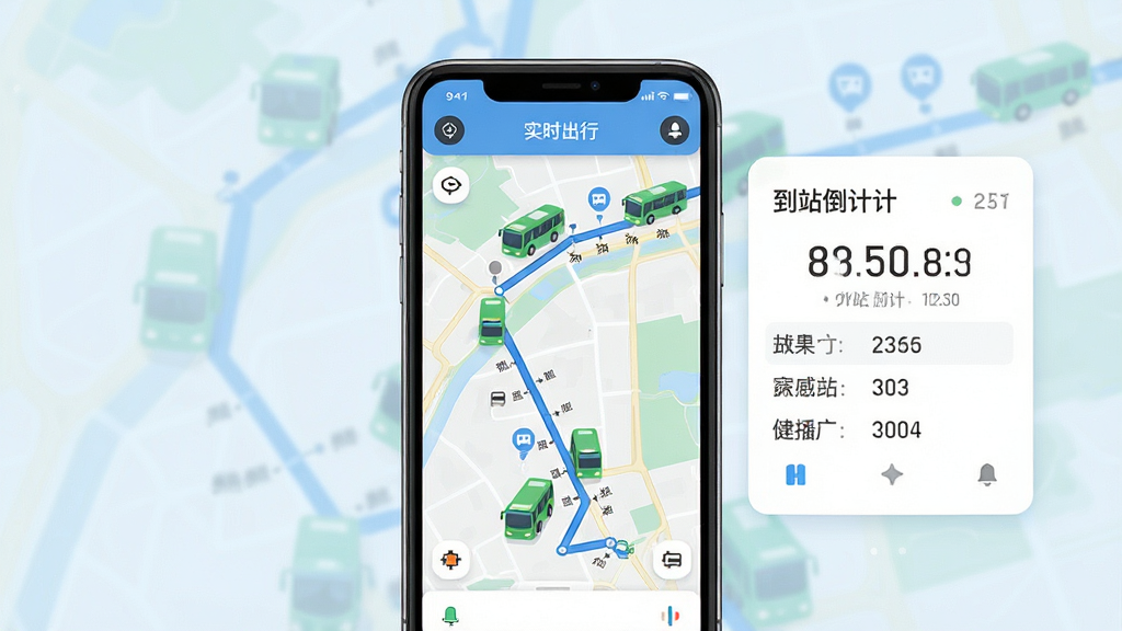 掌上出行公交快查软件功能展示图,画面中央是一部手机,屏幕显示实时公交地图,地图上有移动的公交车图标和站点标记,旁边有到站倒计时面板,布局采用左右分栏,风格为扁平化科技风,细节包含蓝色路线、绿色车辆、白色卡片,画质清晰,干净,无多余元素。