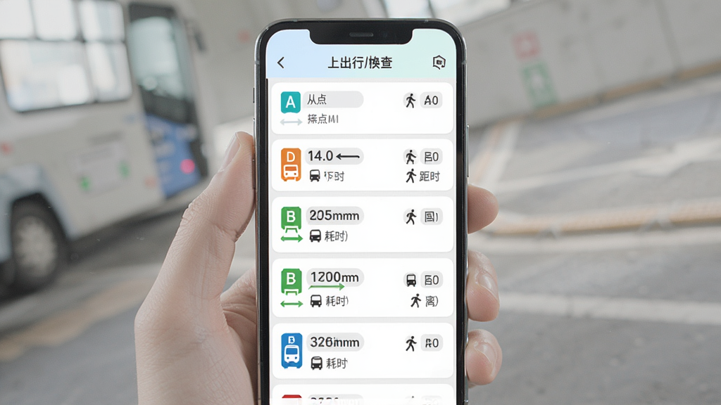 掌上出行公交快查换乘规划界面图,主体为手机屏幕,显示从A点到B点的多条公交换乘方案列表,布局为纵向列表,风格清新浅色,细节包含线路编号、耗时、步行距离图标,画质清晰,干净,无多余元素。