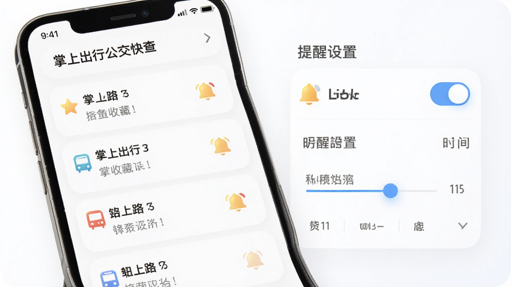 掌上出行公交快查收藏与提醒功能界面图,手机屏幕展示收藏线路列表和提醒设置开关,布局为卡片式排列,风格柔和圆角,细节包含星标图标、铃铛图标、时间设置滑块,画质清晰,干净,无多余元素。