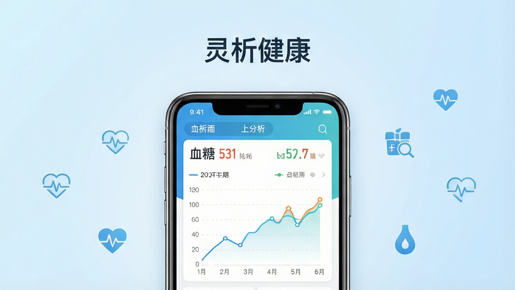 一张展示灵析健康手机应用主界面的图片,主体是一部智能手机竖屏展示,屏幕中显示健康数据仪表盘与血糖趋势折线图,布局为手机居中,四周有浅蓝色渐变背景与简洁的健康图标点缀,排版为上下结构,上方为软件名称“灵析健康”,下方为手机界面,风格为现代医疗健康类UI设计,细节包括血糖数值、日期标签、图表刻度线,画质高清,画面干净,无多余元素