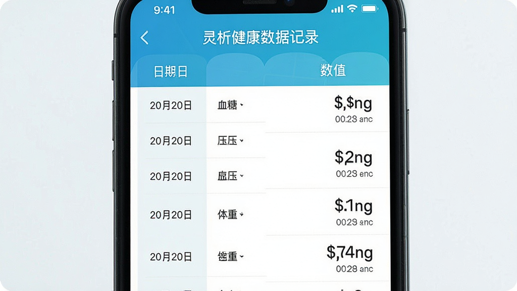 一张展示灵析健康数据记录界面的图片,主体为手机屏幕中的健康数据列表,布局为左侧日期栏、右侧数值栏,排版整齐,风格为清爽医疗风,细节包括血糖值、血压值、体重数值及对应时间戳,画质清晰,画面干净,无多余元素