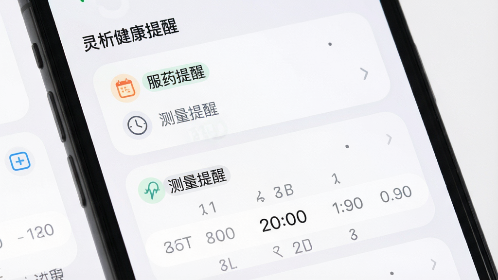 一张展示灵析健康提醒设置界面的图片,主体为手机屏幕中的闹钟与提醒列表,布局为上下排列的提醒条目,排版简洁,风格为柔和圆角卡片式设计,细节包括“服药提醒”“测量提醒”文字标签与时间选择器,画质高清,画面干净,无多余元素