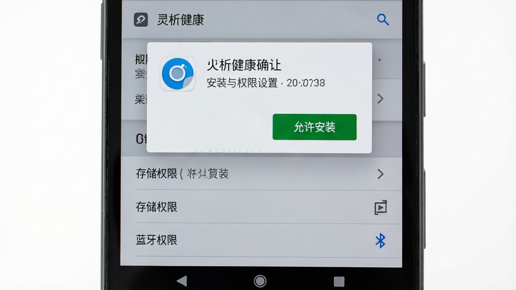 一张展示灵析健康在安卓手机上安装与权限设置界面的图片,主体为手机屏幕显示应用安装确认弹窗与权限管理列表,布局为上下结构,排版清晰,风格为安卓原生设置界面,细节包括“允许安装”“存储权限”“蓝牙权限”等文字,画质高清,画面干净,无多余元素
