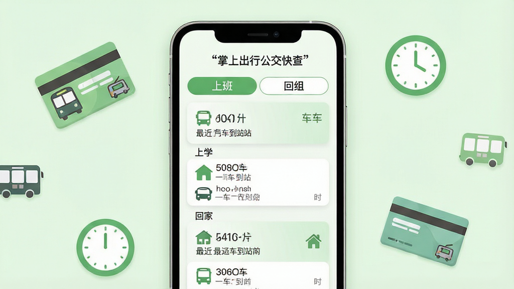 一张展示手机应用收藏分组功能的界面示意图,画面中央为手机屏幕,屏幕内显示三个分组标签“上班”“上学”“回家”,每个分组下排列着两到三条公交线路卡片,卡片上标注线路号和最近一班车到站时间,手机周围散布着几个简约的公交卡和时钟图标作为装饰,整体风格清新明快,配色以浅绿和白色为主,画质清晰,布局整洁,无多余元素,屏幕中文字使用引号标注“掌上出行公交快查”“收藏分组”