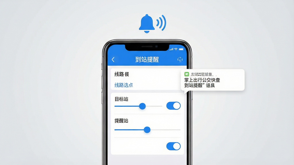 一张展示公交到站提醒设置的手机界面图,画面中央为竖屏手机,屏幕内显示提醒设置面板,包含线路选择、目标站点、提醒站数滑块和开关按钮,手机上方漂浮着一个铃铛图标和震动波纹符号,背景为浅灰色渐变,整体风格简约实用,配色以白色和蓝色为主,细节包括滑块刻度、开关高亮状态、通知预览气泡,画质清晰,无杂乱元素,屏幕中文字使用引号标注“掌上出行公交快查”“到站提醒”