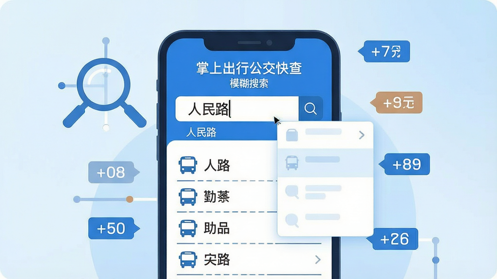 一幅表现公交搜索功能的场景插画,画面中央是一部手机,手机屏幕内显示搜索框和下拉联想列表,搜索框中输入了“人民路”三个字,下方列出多条相关公交线路和站点名称,手机周围漂浮着放大镜图标和线路编号标签,背景为浅蓝色渐变,整体风格为现代扁平化设计,配色以蓝白为主,细节包括搜索框光标、列表分隔线、线路小图标,画质高清,画面干净,无多余元素,屏幕中文字标注“掌上出行公交快查”“模糊搜索”