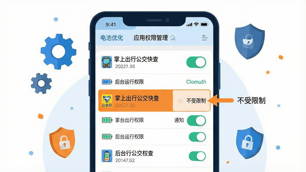 一张展示手机后台权限设置界面的示意图,画面中央为竖屏手机,屏幕内显示电池优化和应用权限管理页面,其中“掌上出行公交快查”被高亮标注,旁边有箭头指向“不受限制”选项和通知开关,手机周围漂浮着齿轮图标和盾牌图标,整体风格为扁平化实用插画,配色以白色、蓝色和橙色为主,细节包括开关按钮的开启状态、权限列表文字、电池图标,画质清晰,画面干净,无多余元素,屏幕中文字使用引号标注“掌上出行公交快查”“后台运行权限”