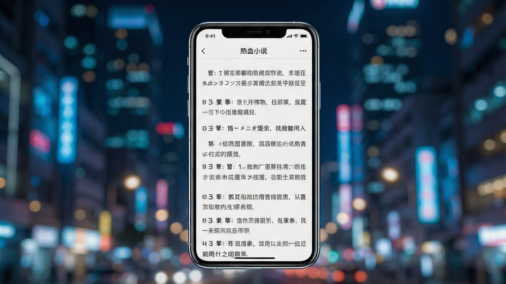 一张手机屏幕展示都市热血小说阅读界面的场景图,画面中央是手机屏幕,屏幕内显示小说章节列表和阅读页面,背景是城市夜景高楼霓虹灯光,布局为居中构图,风格为现代科技感与都市夜景融合,细节包括手机边框反光、屏幕文字清晰、背景虚化光斑,画质高清,干净,无多余元素