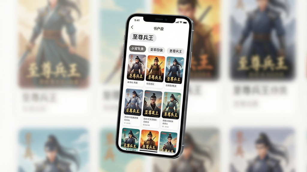 一幅展示手机小说软件书库分类页面的AI生图,画面主体是悬浮在空中的手机屏幕,屏幕内显示