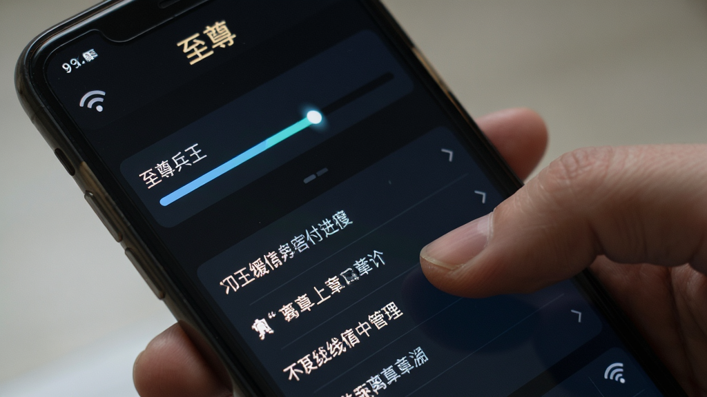 一部手机显示离线缓存进度条和已下载章节列表的画面,画面主体为手持手机特写,屏幕内呈现