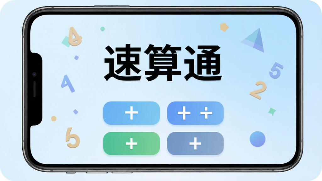 一张展示速算通软件主界面的横向效果图,画面中心是手机屏幕,屏幕内显示速算通应用的启动页面,上方有醒目的“速算通”三个大字,下方排列着加减乘除四个基础运算入口按钮,背景采用柔和的浅蓝色渐变,周围点缀着数字符号和几何图形,整体风格清新简洁,画质清晰干净,无多余元素