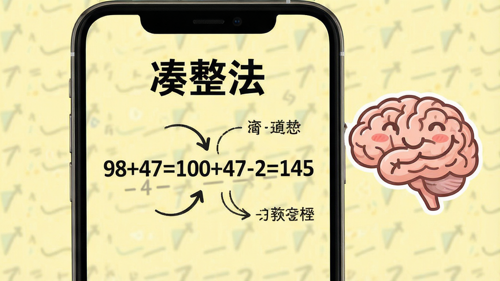 一张展示速算通技巧讲解页面的效果图,手机屏幕内显示“凑整法”标题,下方有“98+47=100+47-2=145”的示例步骤,旁边配有箭头和标注,背景为淡黄色,画面右侧有一个卡通风格的大脑图标,整体风格教育感强,画质干净,无多余元素