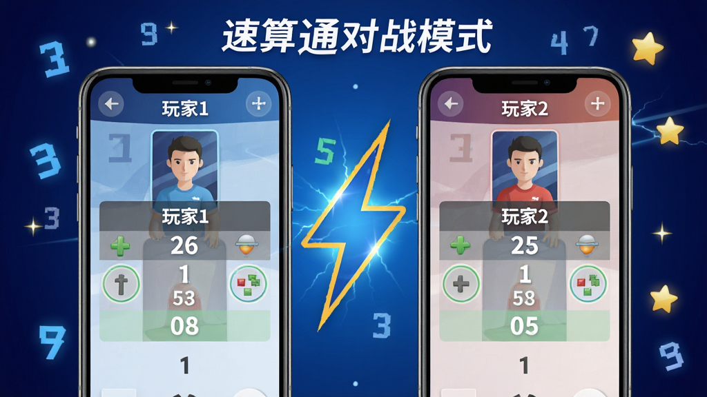 一张展示速算通对战模式的场景图,画面中两部手机并排显示,屏幕内分别显示“玩家1”和“玩家2”的答题状态,中间有闪电形状的对战标识,背景为深蓝色渐变,点缀着数字和星星,整体风格竞技感强,画质清晰,无多余元素