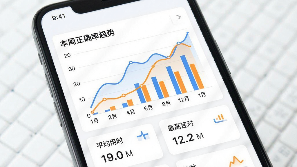 一张展示速算通数据统计页面的效果图,手机屏幕内显示折线图和柱状图,图表标题为“本周正确率趋势”,下方有“平均用时”“最高连对”等数据卡片,背景为白色,图表颜色为蓝色和橙色,整体风格简洁专业,画质干净,无多余元素