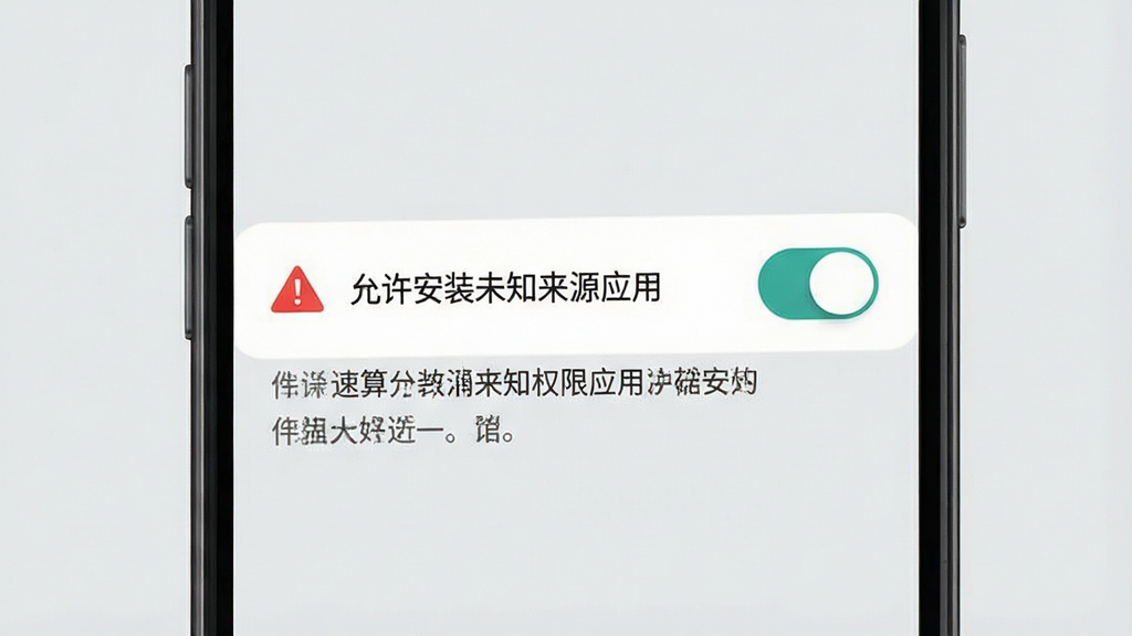 一张展示速算通安装权限设置界面的效果图,手机屏幕内显示“允许安装未知来源应用”的开关按钮,旁边有红色警示图标和文字说明,背景为浅灰色,整体风格清晰明了,画质干净,无多余元素