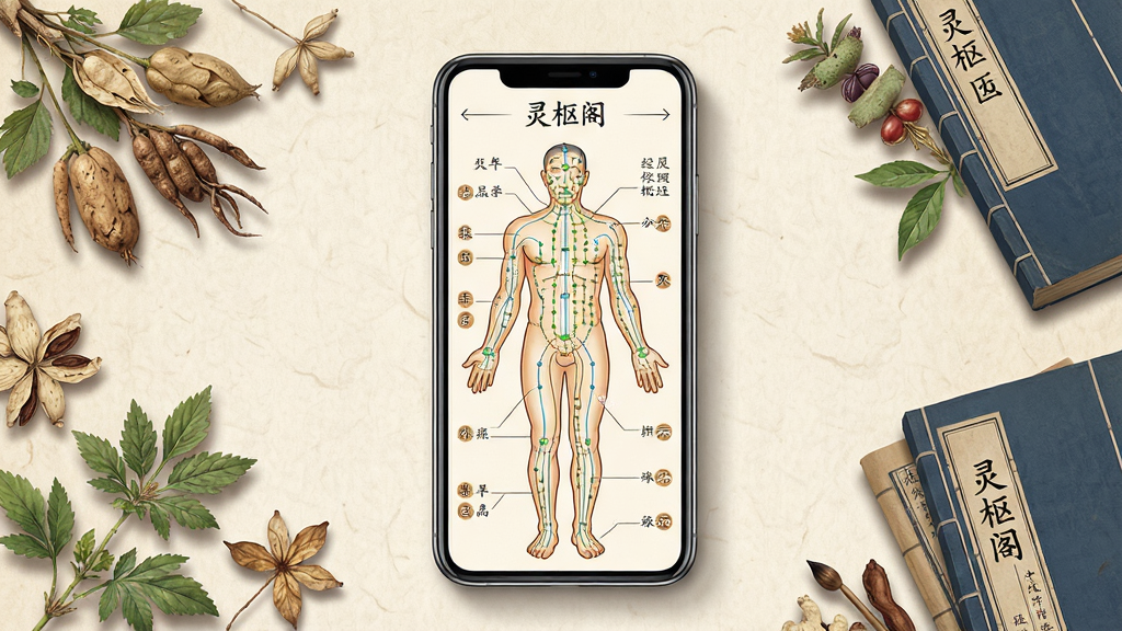 中医风格的应用界面展示,主体为一部智能手机,屏幕上显示着人体经络穴位图,周围环绕着古朴的中草药植物和中医典籍元素,布局中心突出手机界面,背景为淡雅的米黄色宣纸纹理,风格为写实与插画结合,细节包括清晰的经络线条、微小的文字标注、柔和的阴影,画质高清,干净,无多余元素,图片中文字为“灵枢阁”