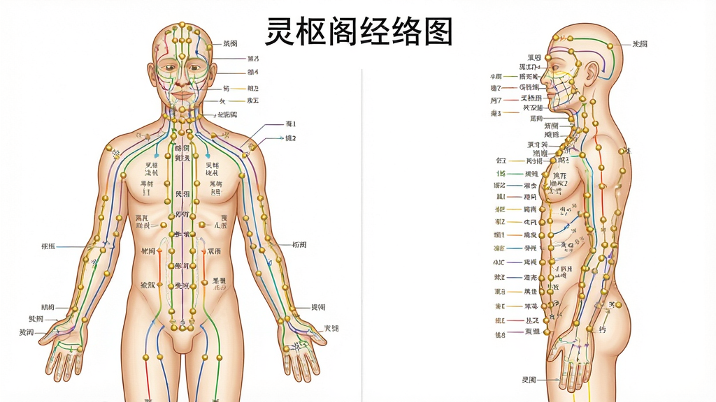 一张详细的人体经络穴位图,主体为人体正面与侧面透视图,用不同颜色线条标注经络走向,穴位点用金色圆点表示,布局为左右分栏展示正面和侧面,排版整齐,风格为医学插画,细节包括清晰的穴位名称小字、经络颜色的渐变过渡,画质高清,干净,无多余元素,图片中文字为“灵枢阁经络图”