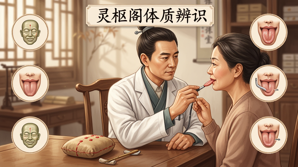 中医体质辨识界面,主体为一位中医师正在为患者进行面诊和舌诊,背景是古色古香的中医诊室,布局为人物居中,周围有九种体质类型的图标环绕,风格为温和的写实插画,细节包括中医师专注的神情、患者舌苔的细节、桌上摆放的脉枕,画质高清,干净,无多余元素,图片中文字为“灵枢阁体质辨识”