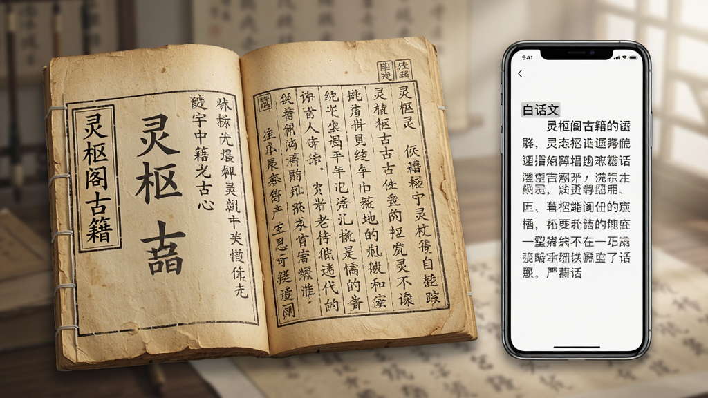 中医古籍阅读界面,主体为一本摊开的古籍线装书,书页上显示着竖排的繁体中文,旁边悬浮着一个现代手机屏幕显示白话文翻译,布局为书本在左手机在右,风格为古今融合的创意合成,细节包括书页的泛黄质感、手机屏幕的清晰文字、柔和的光线,画质高清,干净,无多余元素,图片中文字为“灵枢阁古籍”