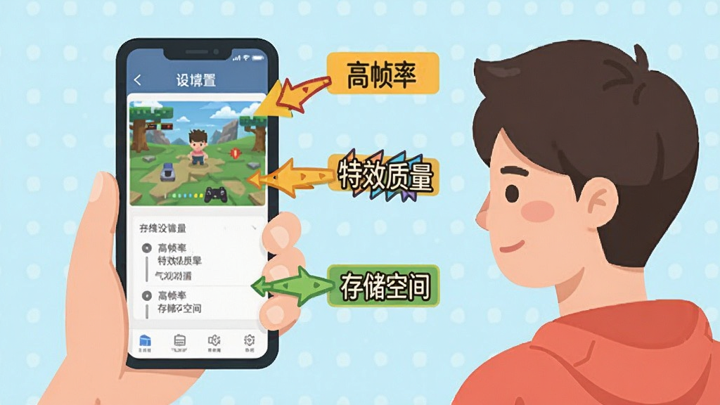 一位新手玩家手持手机,屏幕上显示游戏设置界面,旁边有箭头标注“高帧率”“特效质量”“存储空间”等选项,整体风格为扁平化教学插图,色彩简洁明快,画质清晰,无多余元素