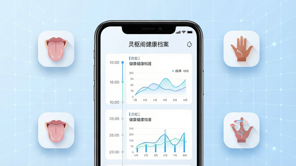 个人健康档案界面,主体为一部智能手机,屏幕上显示着时间轴和健康数据图表,背景为淡蓝色的科技感网格,布局为手机居中,周围有代表舌象、脉象的抽象图标浮动,风格为现代简约科技风,细节包括清晰的图表线条、柔和的图标阴影,画质高清,干净,无多余元素,图片中文字为“灵枢阁健康档案”