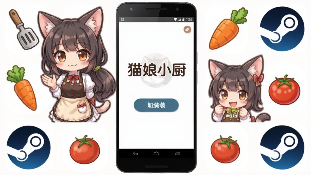 猫娘小厨(steam移植)安装器主界面展示,画面中央放置一部安卓手机,手机屏幕上显示安装器启动页面,页面中有“猫娘小厨”文字标识和安装按钮,手机周围环绕着可爱的猫娘角色立绘、料理食材图标和Steam平台标志,整体布局采用居中对称排版,风格为日系二次元卡通风格,细节包括猫耳、围裙、锅铲、胡萝卜、番茄等元素,画质清晰,干净明亮,无多余元素