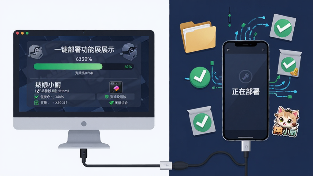 猫娘小厨(steam移植)安装器一键部署功能展示,画面中一部手机通过数据线连接电脑,电脑屏幕上显示安装进度条和资源校验列表,手机屏幕同步显示“正在部署”状态,周围漂浮着文件夹、压缩包、勾选图标和猫娘小厨游戏Logo,布局为左右分栏,左侧电脑右侧手机,风格为扁平化科技插画,细节包括进度百分比、绿色对勾、数据流动线条,画质高清,干净整洁,无多余元素
