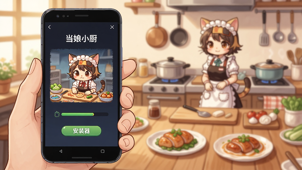 猫娘小厨(steam移植)安装器移动端操作场景,画面中一位用户手持安卓手机,手机屏幕显示安装器操作界面和游戏启动画面,背景为温馨的餐厅场景,有猫娘角色在厨房忙碌,桌上摆放着料理成品,布局为前景手机特写加背景场景延伸,风格为日系治愈系插画,细节包括手机界面按钮、进度条、猫娘围裙、锅具、食材,画质柔和清晰,干净无多余元素