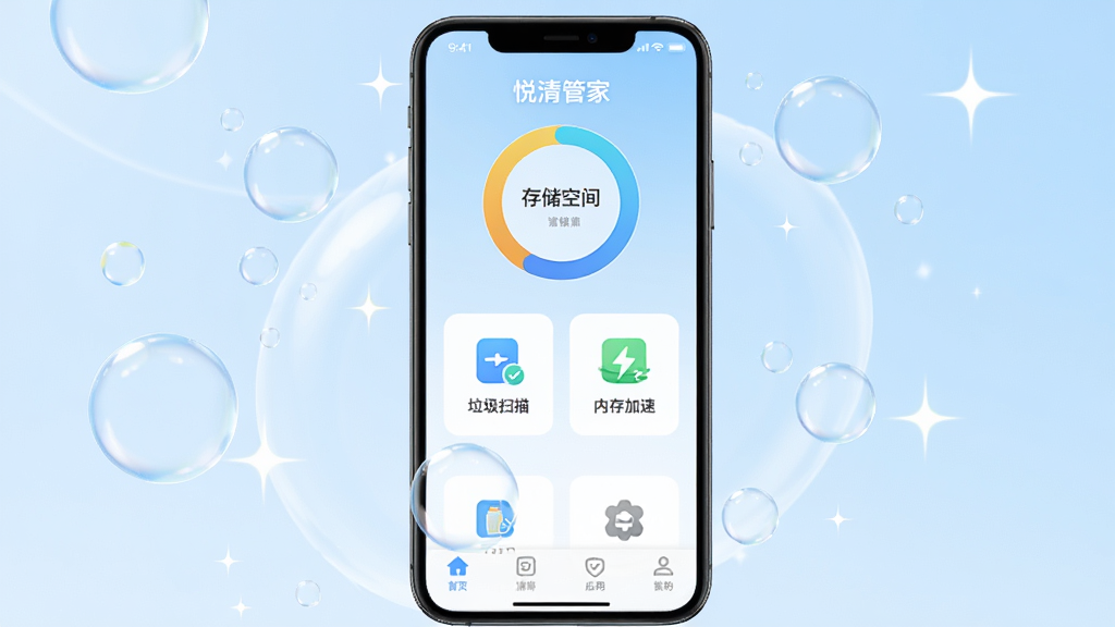 手机屏幕中央展示“悦清管家”应用主界面,界面布局清爽,顶部显示手机存储空间环形图,中部排列一键清理、垃圾扫描、内存加速、应用管理等图标按钮,底部导航栏简洁,背景为淡蓝渐变,周围环绕清洁气泡与闪光元素,整体风格清新简约,画质高清,干净无多余元素