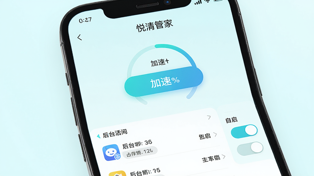 手机屏幕显示“悦清管家”内存加速界面,中央有加速按钮与内存占用百分比圆环,下方列出后台运行应用列表及各自占用内存大小,界面右侧有自启管理开关,整体布局清晰,背景为淡青色,风格简洁现代,画质干净高清