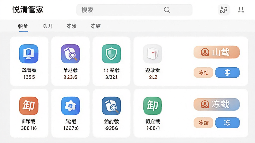 展示“悦清管家”应用管理页面,屏幕上排列着多个应用图标与名称,每个应用下方显示占用空间大小,右侧有卸载与冻结按钮,顶部有搜索框与分类标签,整体排版整齐,风格清爽,背景为白色与浅灰搭配,画质高清,无多余装饰