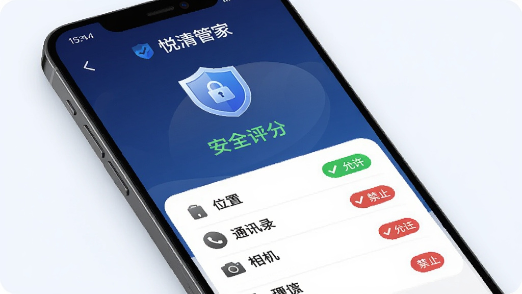 手机界面展示“悦清管家”隐私安全检测功能,屏幕中央有盾牌图标与安全评分,下方列出权限检测项目如位置、通讯录、相机等,每项旁边有允许或禁止状态标识,背景为深蓝色渐变,风格稳重安全,画质清晰干净