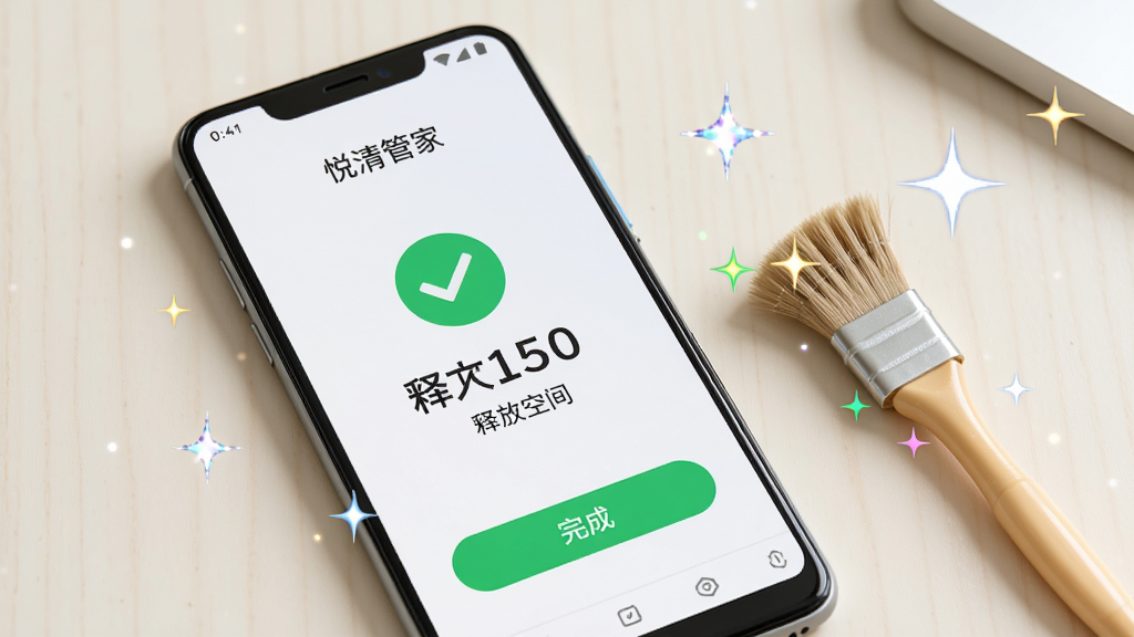 一部安卓手机屏幕显示“悦清管家”清理完成界面,中央有绿色对勾与释放空间数值,下方有“完成”按钮,手机旁边放置一把小刷子与闪亮星星,背景为浅色桌面,风格干净清新,画质高清,无多余元素