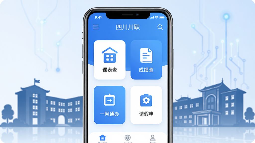 智慧川职手机APP主界面展示,画面中央是一部智能手机,屏幕上显示蓝白色调的校园服务应用界面,包含课表查询、成绩查询、一网通办、请假申请等功能图标,背景是四川职业技术学院校园建筑剪影,整体风格简洁清新,科技感十足,画面干净无多余元素,高清画质