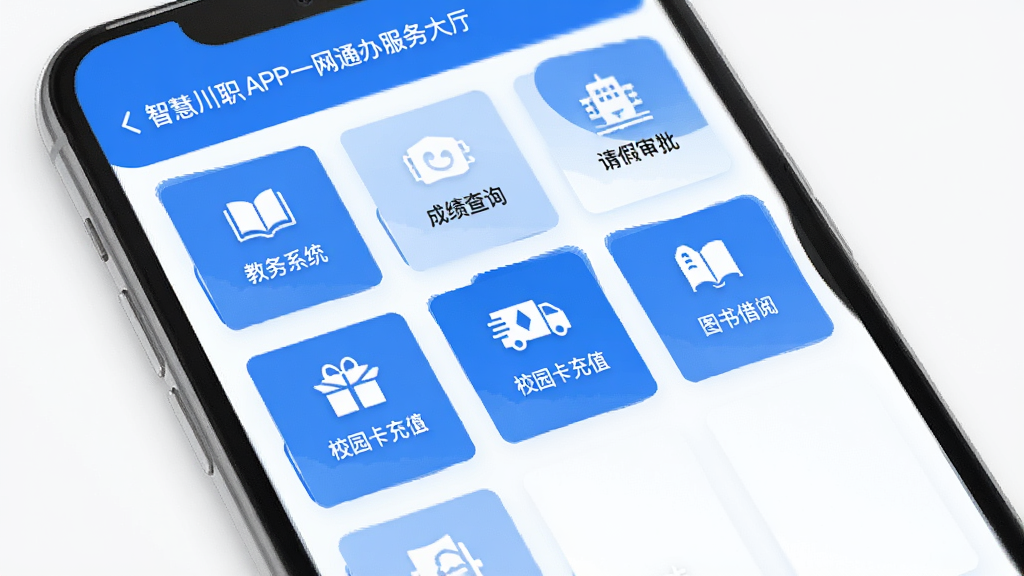 智慧川职APP一网通办服务大厅界面,手机屏幕展示整齐排列的功能图标网格,包括教务系统、成绩查询、请假审批、校园卡充值、图书借阅等服务入口,界面采用卡片式布局,蓝白配色,风格现代简约,画面清晰干净,UI设计精致,高清画质