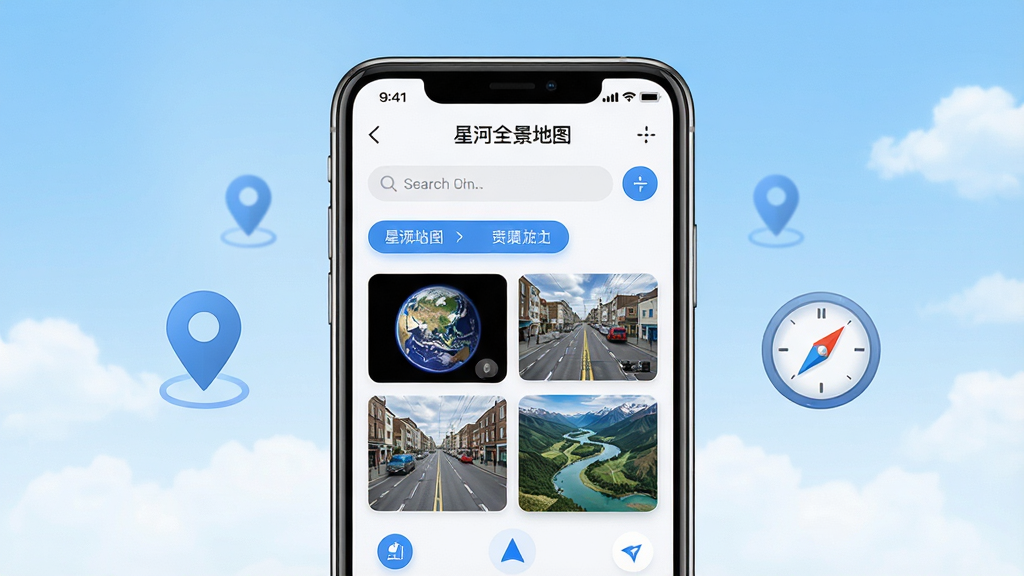 画面中央放置一部智能手机,屏幕内展示“星河全景地图”应用界面,界面中有地球、街道实景和山脉河流的缩略图,手机两侧漂浮着地图定位图标与指南针元素,背景为浅蓝色渐变天空与云朵,整体布局居中对称,风格清新科技,细节包含界面按钮、搜索框与导航箭头,画质高清,干净,无多余元素